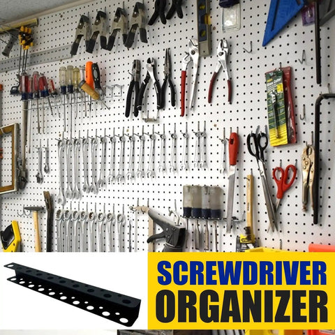 Heavy Duty Screwdriver Storage Holder, Space Saving Tool Rack With 2X Capacity on garage wall pegboard.