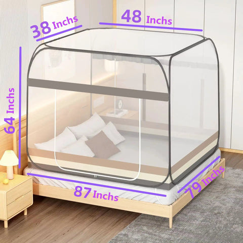 King Size Mosquito Net For Patio Bed Tent Portable Indoor Outdoor Use Durable Polyester Mesh For Camping Travel Dorm Rooms And Backyard Relaxation 87 By 79 Inch Grey with dimensions shown.