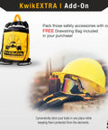 Safety gear with yellow hard hat and walkie-talkie next to a KwikSafety drawstring bag on a construction site background.
