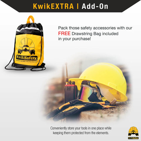 Safety gear with yellow hard hat and walkie-talkie next to a KwikSafety drawstring bag on a construction site background.