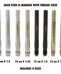 Set of 8 color-coded wheel stud alignment tools featuring various thread sizes, part of the Color-Coded Wheel Stud Alignment Kit