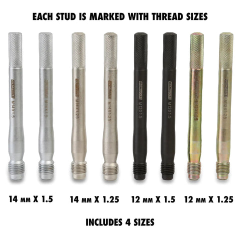 Set of 8 color-coded wheel stud alignment tools featuring various thread sizes, part of the Color-Coded Wheel Stud Alignment Kit