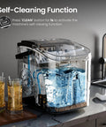 Countertop Ice Maker With Handle For Home Kitchen showing self-cleaning function on kitchen counter