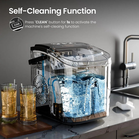 Countertop Ice Maker With Handle For Home Kitchen showing self-cleaning function on kitchen counter