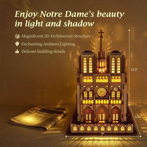 Notre Dame De Paris 3D Wood Puzzle Night Edition With LED Lighting, illuminated cathedral model on a table with light effects.