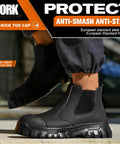 Side view of All Day Comfort Steel Toe Work Boots For Men Waterproof Lightweight Non Slip Safety Shoes Built For Construction And Industrial Jobs With Reinforced Toe Caps And ASTM Certified Boss Level Protection, featuring black microfiber upper and EVA sole.
