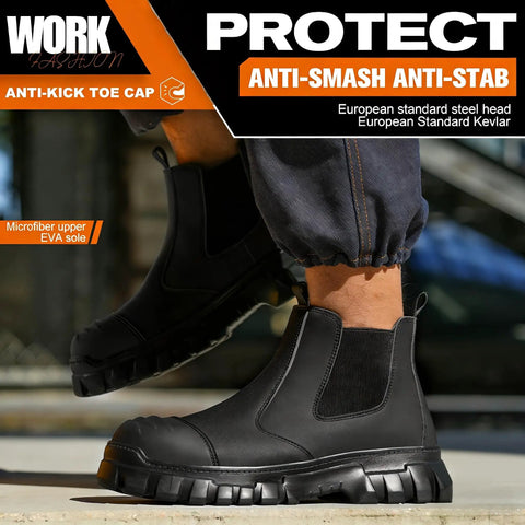 Side view of All Day Comfort Steel Toe Work Boots For Men Waterproof Lightweight Non Slip Safety Shoes Built For Construction And Industrial Jobs With Reinforced Toe Caps And ASTM Certified Boss Level Protection, featuring black microfiber upper and EVA sole.
