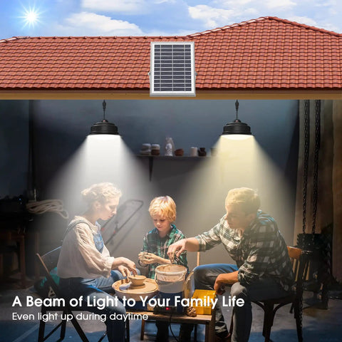 Family gathered under Dual Head Solar Pendant Lights IP65 Waterproof 6000K And 3000K Dimmable with Remote and Timer