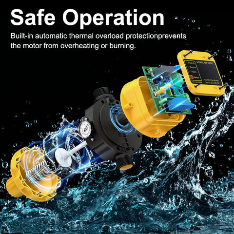 Rock Solid 1HP Water Pressure Booster Pump With Automatic Switch For Whole Home Water Flow And Shallow Well Jobs Featuring Heavy Duty Stainless Steel Build showcasing internal components and water.