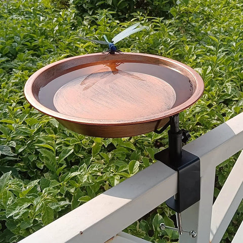 Heavy Duty Iron Bird Bath For Railing And Balcony Deck with dragonfly, 11.5 inch basin, rust resistant, outdoor setup