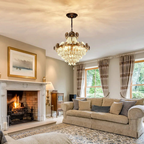 Living room with Black Crystal Chandelier With Seven Light Pendant Ceiling Fixture Dimmable E14 compatible above a cozy fireplace.