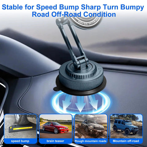 Rock Solid All Metal Alloy Long Arm Magnetic Car Phone Mount With Premium Navy Blue Finish and Heavy Duty Suction Base showing stable grip on dashboard.