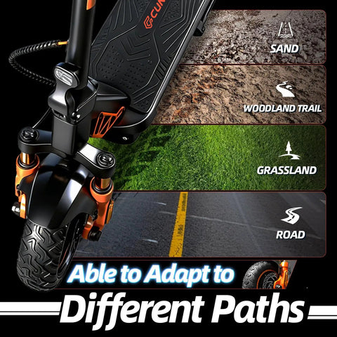 Close-up of Dual Motor 1600W Electric Scooter For Adults showcasing adaptability on sand, woodland, grassland, and road surfaces.