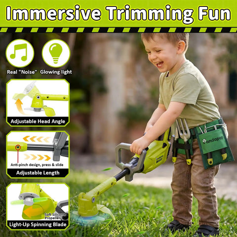 Kids 2 In 1 Gardening Tools Set With Leaf Blower And Toy Lawn Mower Lights And Sounds Belt And Gloves Outdoor Play Tool Kit.