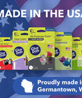 Glue Dots product range with Craft Dots, Glue Lines, and All Purpose Dots packaging on USA flag background, made in Germantown, WI