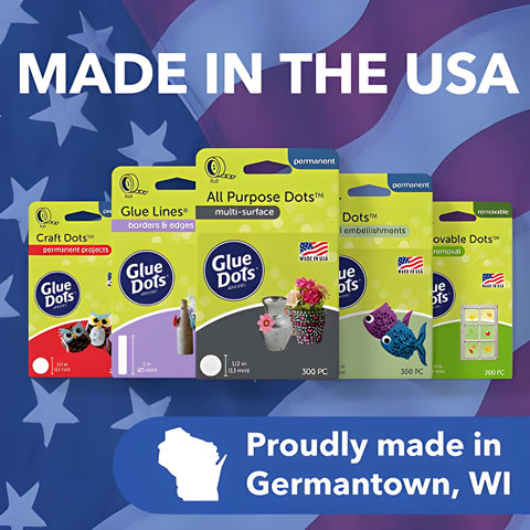 Glue Dots product range with Craft Dots, Glue Lines, and All Purpose Dots packaging on USA flag background, made in Germantown, WI