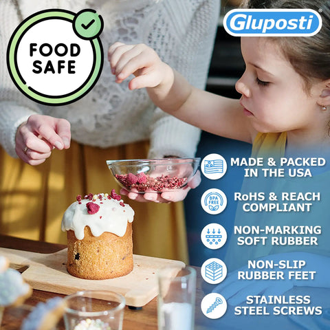 Mother and child decorating cake on a cutting board stabilized by 12 Pack Rubber Feet For Cutting Boards Non Slip Bumper Pads With Stainless Screws And Inserts Keeps Your Board Stable On Any Surface BPA Free Rubber Made In USA Perfect For Electronics And Furniture Projects.
