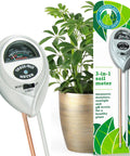 3 In 1 Plant Care Meter For Indoor And Outdoor Plants Tests Soil Moisture Sunlight And pH To Prevent Overwatering Root Rot And Leaf Burn Battery Free Easy To Use Ideal For Potted Plants shown next to a potted plant and packaging