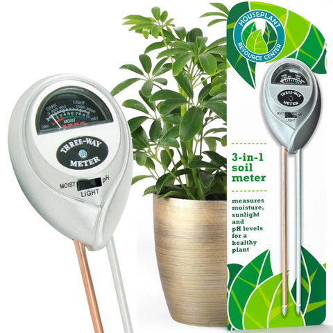 3 In 1 Plant Care Meter For Indoor And Outdoor Plants Tests Soil Moisture Sunlight And pH To Prevent Overwatering Root Rot And Leaf Burn Battery Free Easy To Use Ideal For Potted Plants shown next to a potted plant and packaging
