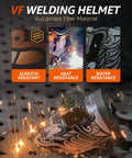 Auto Darkening Welding Helmet With Flip Up Lens, white, scratch, heat, and water resistance features highlighted in images