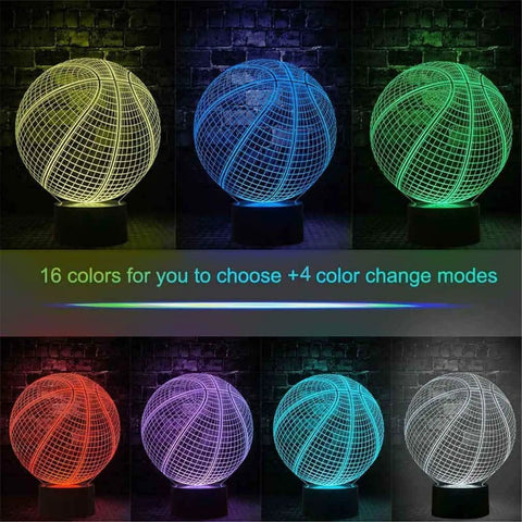 Basketball 3D Illusion Night Light Lamp With 16 Color Options on display showing multiple color variations.