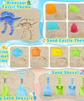 Kiddo Friendly 28 Piece Beach Sand Toys Set for Kids Toddlers Ages 3 10 Includes Buckets Water Wheel Long Shovels Castle Molds Dinosaur Fossil Kit Mesh Bag Travel Sand Box Essentials for Beach or Sandbox Play with dinosaur fossils, sand castle molds, marine animals, and colorful shovels on sand.