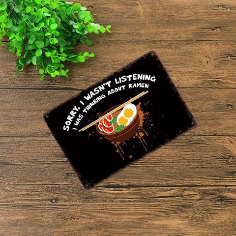 Ramen Lover Tin Sign Vintage Metal Wall Art For Home Room Garage Or Office Decor 8x12 Inch on wood surface with plant