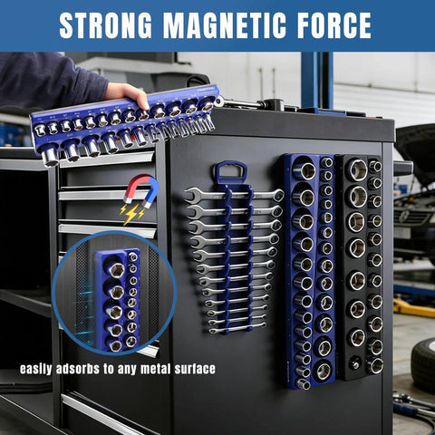 Magnetic Socket And Wrench Organizer Tray Set With Nine Piece That Sticks Like Crazy on tool chest with sockets and wrenches