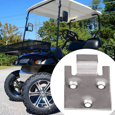Golf Cart Seat Bottom Hinge Plate Replacement With Beefed Up Metal Construction shown next to a golf cart.