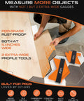 Extra Wide Contour Gauge Set With Triple Locking System For Accurate Copying, showing 2 orange measuring tools on a wooden surface.