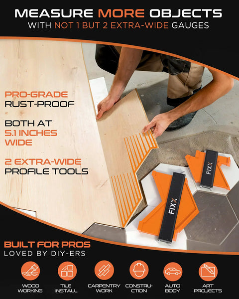 Extra Wide Contour Gauge Set With Triple Locking System For Accurate Copying, showing 2 orange measuring tools on a wooden surface.