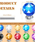 Colorful Crystal Knob Set, 10 Pieces, 30mm Glass Drawer Pulls For Cabinets, Drawers, Dressers, And Kitchen, Artsy Style, Includes Screws, Perfect Quick Cabinet Refresh blue crystal knob with screw shown with size measurements and color options