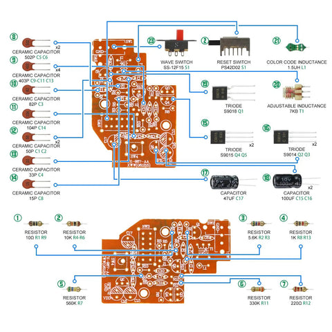 Detailed circuit board with components from Walkie Talkie Soldering Practice Kit With Interactive Circuit Board And 104 Parts For Beginners.