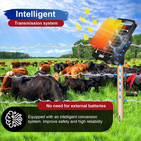 Solar Powered Fence Charger 0.18J Output energizing pasture fence with grazing cows and intelligent conversion system