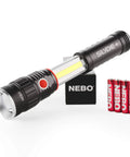 Slide Out COB Work Light And Flashlight With Strong Magnetic Base Slyde Plus, shown with batteries and packaging