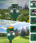 Outdoor Ultrasonic Animal Deterrent With PIR Sensor And Flashing Light Motion Activated Solar Powered Critter Repellent For Cat Deer Squirrel Raccoon Rabbit Skunk And Dog Yard Protection IP65 Waterproof 1 Pack on stake, green plastic