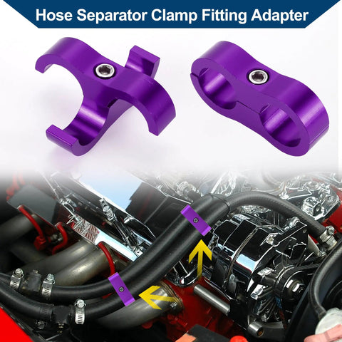 Premium AN10 Hose Separator Clamp Set Purple Anodized Aluminum dual tube line organizers securing hoses in engine bay.