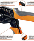 Pro Grade All In One RF Coax Tool Kit with crimper showing adjustable pressure, ergonomic grips, ratcheting action, and release trigger