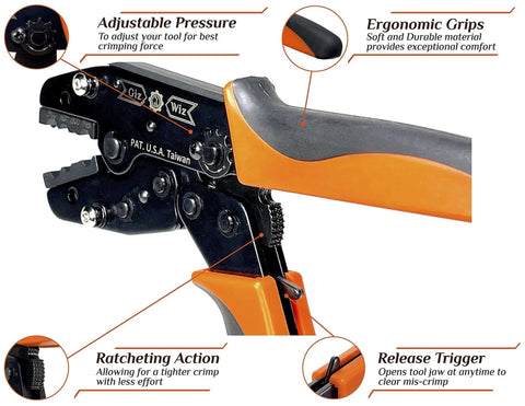 Pro Grade All In One RF Coax Tool Kit with crimper showing adjustable pressure, ergonomic grips, ratcheting action, and release trigger