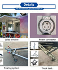 Sales window, power connector, towing system, and truck jack details of Straight Fire 13 Ft Fiberglass Food Truck Setup.