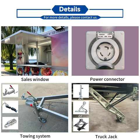 Sales window, power connector, towing system, and truck jack details of Straight Fire 13 Ft Fiberglass Food Truck Setup.
