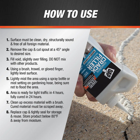 Hand using DAP Concrete Crack Filler 1.62 lb on a concrete surface, with usage instructions on the left