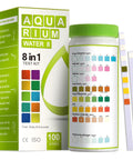 Top Shelf 8 In 1 Aquarium Water Test Strips For Freshwater And Saltwater Tanks Tests pH Chlorine Nitrate Nitrite Alkalinity Hardness And Sodium Chloride With 100 Fast Acting Papers, test kit packaging and strips.