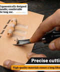 Four Size Leather Edge Beveler Tool Set With Wooden Handle For Pro Crafters in use, showing precise edge trimming on leather.