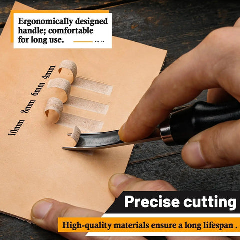 Four Size Leather Edge Beveler Tool Set With Wooden Handle For Pro Crafters in use, showing precise edge trimming on leather.