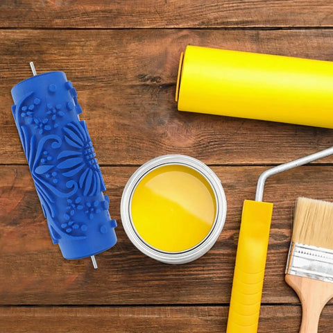 Patterned Paint Roller Brings Flower Wall Art Vibes To Quick Home Decor Refreshes And Furniture Printing Projects Making Each Room A Total Game Changer Always. Blue floral paint roller with yellow paint and brush.