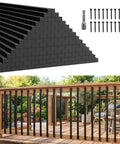 Built Like a Tank 105 Piece 32 Inch Deck Railing Kit with flat black metal balusters and screws on a wooden deck.