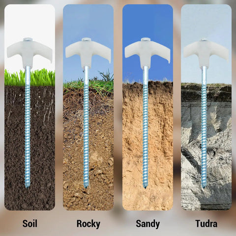 Beefy 12 Pack Screw In Tent Stakes 8 Inch Metal Ground Pegs in soil, rocky, sandy, and tundra terrain demonstration