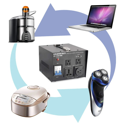 1500W ST Pro Auto Step Up Step Down Voltage Transformer Converter with appliances like laptop and juicer