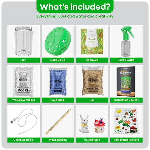 Image showing contents of Light Up Terrarium Kit For Kids A Fun Hands On STEM Science Toy, including jar, LED lid, seeds, rocks, and tools.